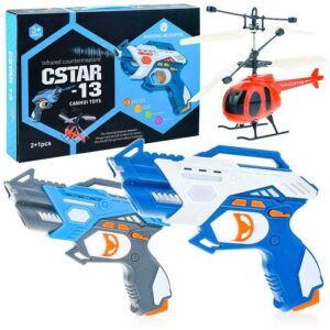 Pistolet laser enfant avec hélicoptère interactif, jouet d’action avec effets lumineux et sonores.